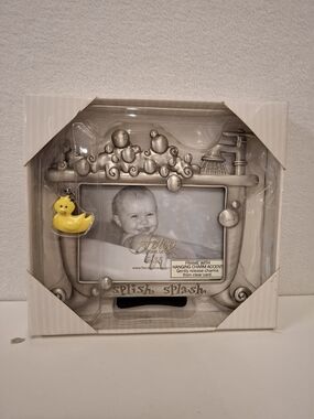 Fetco Vintage Silver Baby Bath Photo Frame with Yellow Duck Accent